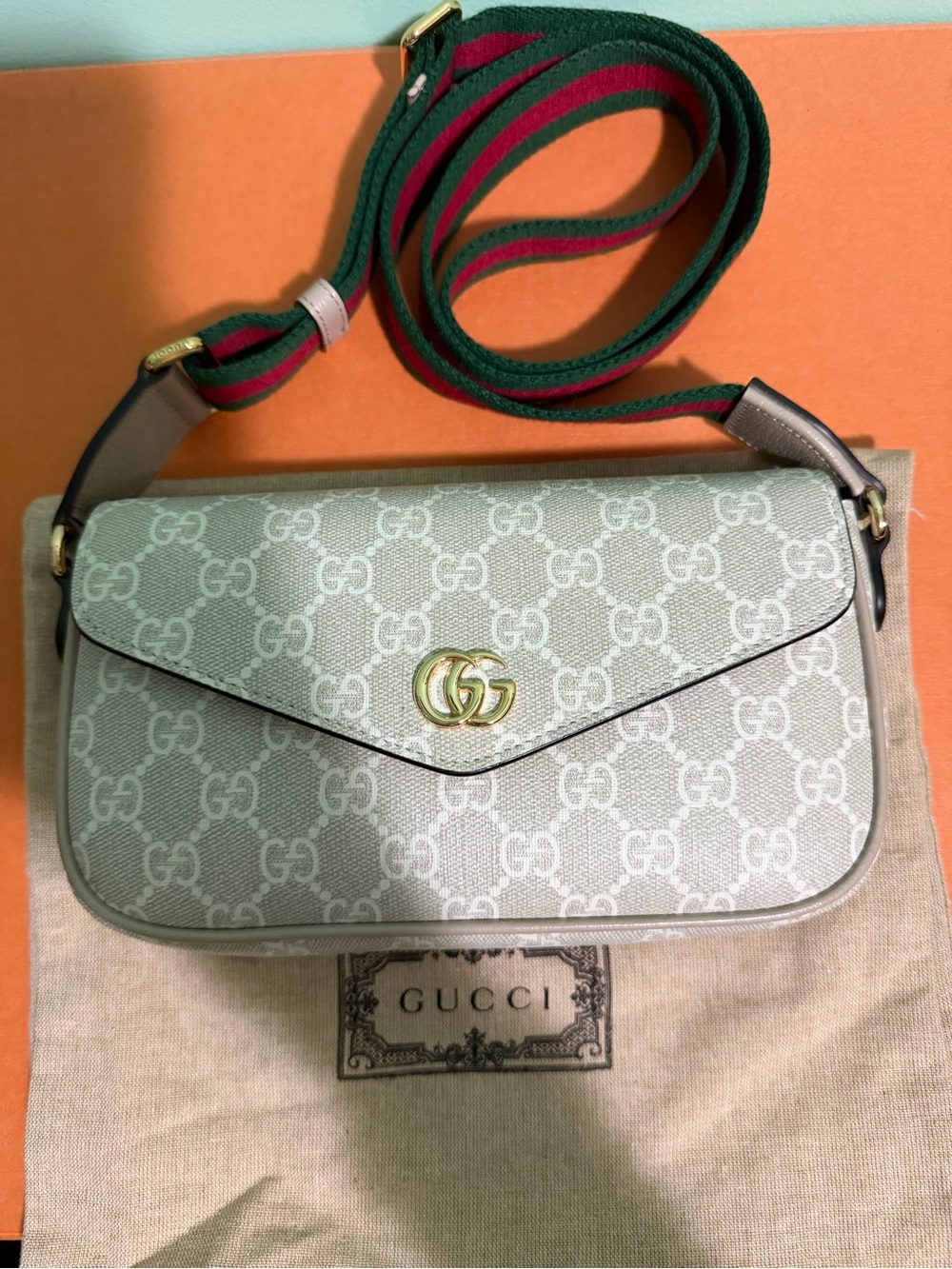 Gucci Light Beige GG Supreme Crossbody with Green-Red Web Strap
